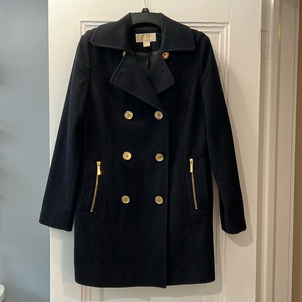 Michael Kors Women’s double-breasted peacoat- Navy w/ gold buttons/zippers, sz 6